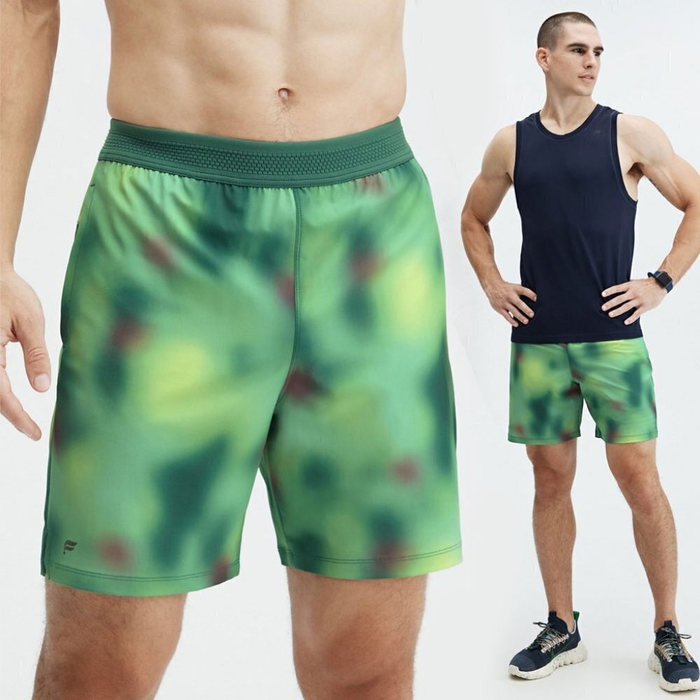 Fabletics Men's Azure Green Blur Fundamental Shorts - Size XXL
